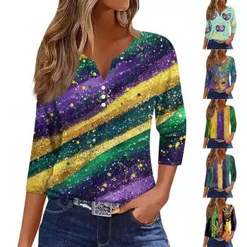 Жен. Футболка Футболка С принтом Пуговицы Рукав 3/4 Повседневные Выходные Мода Классический V-образный вырез Обычный Топ L армия зеленый