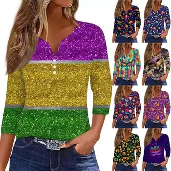 Жен. Футболка Футболка С принтом Пуговицы Рукав 3/4 Повседневные Выходные Мода Классический V-образный вырез Обычный Топ M