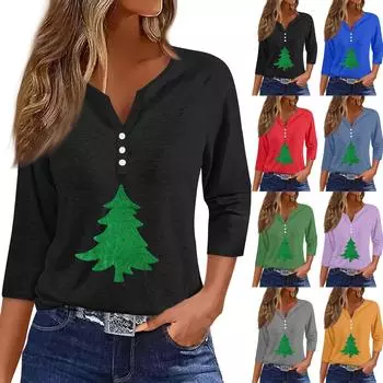Жен. Футболка Футболка С принтом Пуговицы Рукав 3/4 Повседневные Выходные Мода Классический V-образный вырез Обычный Топ L