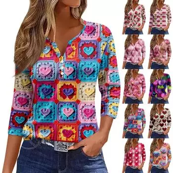 Жен. Футболка Футболка С принтом Пуговицы Рукав 3/4 Повседневные Выходные Мода Классический Классический V-образный вырез Обычный Верх L винный
