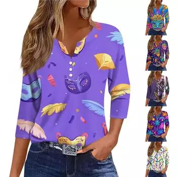 Жен. Футболка Футболка С принтом Пуговицы Рукав 3/4 Повседневные Выходные Мода Классический V-образный вырез Обычный Топ L синий