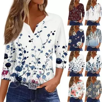 Жен. Футболка Футболка С принтом Пуговицы Рукав 3/4 Повседневные Выходные Мода Классический V-образный вырез Обычный Топ L темно-синий