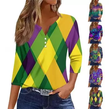 Жен. Футболка Футболка С принтом Пуговицы Рукав 3/4 Повседневные Выходные Мода Классический V-образный вырез Обычный Топ L темно-фиолетового