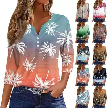 Жен. Футболка Футболка С принтом Пуговицы Рукав 3/4 Повседневные Выходные Мода Классический Классический V-образный вырез Обычный Верх L синий