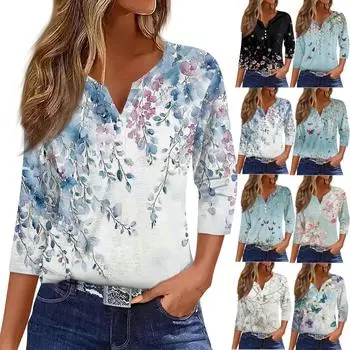 Жен. Футболка Футболка С принтом Пуговицы Рукав 3/4Ежедневно Выходные Мода Классический Топ с v-образным вырезом Обычный M