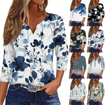 Жен. Футболка Футболка С принтом Пуговицы Рукав 3/4 Повседневные Выходные Мода Классический V-образный вырез Обычный Топ XXL