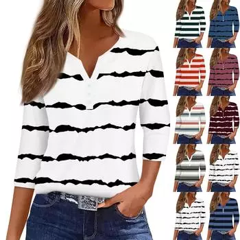 Жен. Футболка Футболка С принтом Пуговицы Рукав 3/4 Повседневные Выходные Мода Классический Классический V-образный вырез Обычный Верх XXL