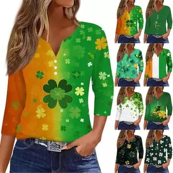 Жен. Футболка Футболка С принтом Пуговицы Рукав 3/4 Повседневные Выходные Мода Классический V-образный вырез Обычный Топ S