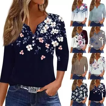 Жен. Футболка Футболка С принтом Пуговицы Рукав 3/4 Повседневные Выходные Мода Классический V-образный вырез Обычный Топ XXL
