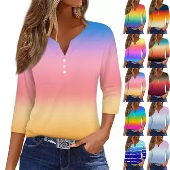 Жен. Футболка Футболка С принтом Пуговицы Рукав 3/4Ежедневно Выходные Мода Классический Топ с v-образным вырезом Обычный L розовый