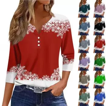 Жен. Футболка Футболка С принтом Пуговицы Рукав 3/4 Повседневные Выходные Мода Классический Классический V-образный вырез Обычный Верх M