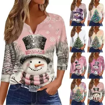 Жен. Футболка Футболка С принтом Пуговицы Рукав 3/4 Повседневные Выходные Мода Классический Классический V-образный вырез Обычный Верх XXL
