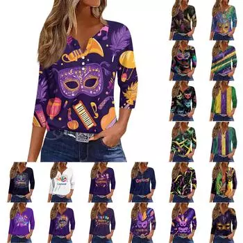 Жен. Футболка Футболка С принтом Пуговицы Рукав 3/4 Повседневные Выходные Мода Классический V-образный вырез Обычный Топ L