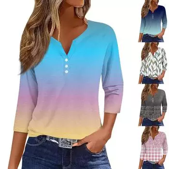 Жен. Футболка Футболка С принтом Пуговицы Рукав 3/4Ежедневно Выходные Мода Классический Топ с v-образным вырезом Обычный XXXL