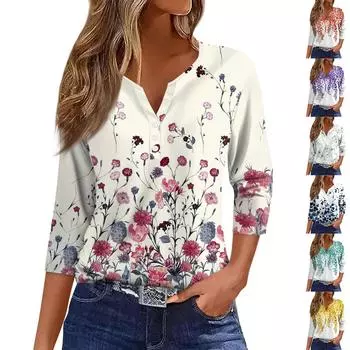 Жен. Футболка Футболка С принтом Пуговицы Рукав 3/4Ежедневно Выходные Мода Классический Топ с v-образным вырезом Обычный M синий