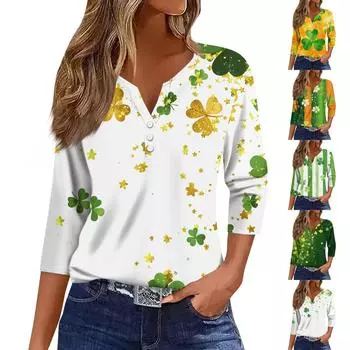 Жен. Футболка Футболка С принтом Пуговицы Рукав 3/4 Повседневные Выходные Мода Классический V-образный вырез Обычный Топ M оранжевый