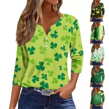 Жен. Футболка Футболка С принтом Пуговицы Рукав 3/4 Повседневные Выходные Мода Классический V-образный вырез Обычный Топ XXXL жёлтый