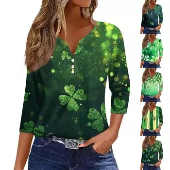 Жен. Футболка Футболка С принтом Пуговицы Рукав 3/4 Повседневные Выходные Мода Классический V-образный вырез Обычный Топ L