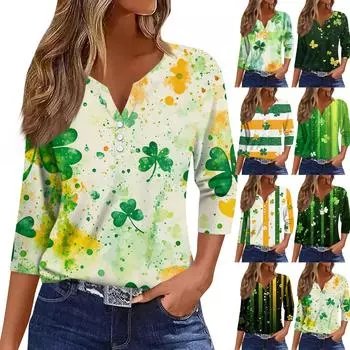Жен. Футболка Футболка С принтом Пуговицы Рукав 3/4 Повседневные Выходные Мода Классический V-образный вырез Обычный Топ XXL зелёный