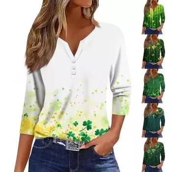 Жен. Футболка Футболка С принтом Пуговицы Рукав 3/4 Повседневные Выходные Мода Классический V-образный вырез Обычный Топ XXL