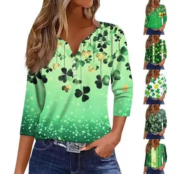 Жен. Футболка Футболка С принтом Пуговицы Рукав 3/4 Повседневные Выходные Мода Классический V-образный вырез Обычный Топ XXXL