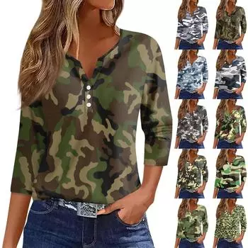 Жен. Футболка Футболка С принтом Пуговицы Рукав 3/4 Повседневные Выходные Мода Классический Классический V-образный вырез Обычный Верх XXXL