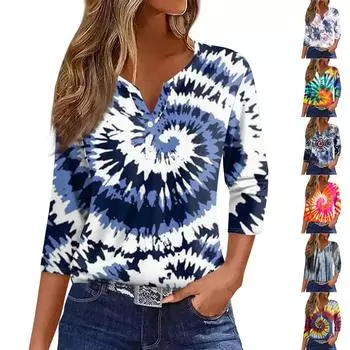 Жен. Футболка Футболка С принтом Пуговицы Рукав 3/4 Повседневные Выходные Мода Классический Классический V-образный вырез Обычный Верх L темно-синий