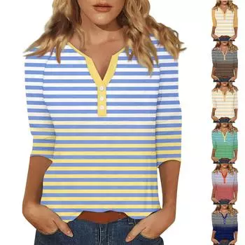 Жен. Футболка Футболка С принтом Пуговицы Рукав 3/4 Повседневные Выходные Мода Классический Классический V-образный вырез Обычный Верх L синий