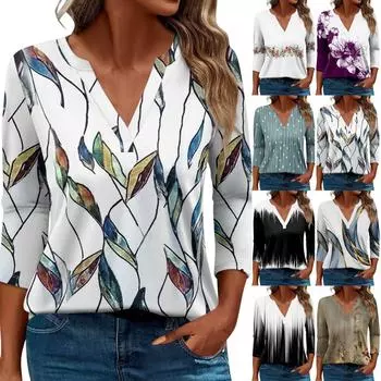 Жен. Футболка Футболка С принтом Пуговицы Рукав 3/4 Повседневные Выходные Мода Классический V-образный вырез Обычный Топ L чёрный