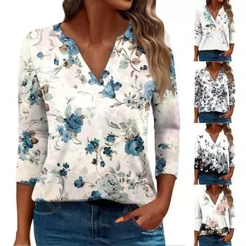 Жен. Футболка Футболка С принтом Пуговицы Рукав 3/4 Повседневные Выходные Мода Классический Классический V-образный вырез Обычный Верх XXXL чёрный