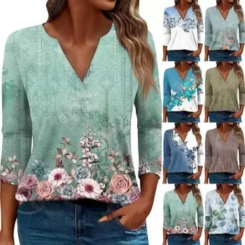 Жен. Футболка Футболка С принтом Пуговицы Рукав 3/4 Повседневные Выходные Мода Классический V-образный вырез Обычный Топ XXL