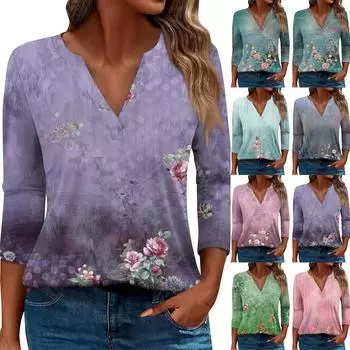 Жен. Футболка Футболка С принтом Пуговицы Рукав 3/4 Повседневные Выходные Мода Классический V-образный вырез Обычный Топ L