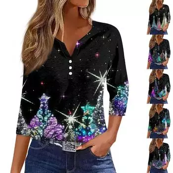 Жен. Футболка Футболка С принтом Пуговицы Рукав 3/4Ежедневно Выходные Мода Классический Топ с v-образным вырезом Обычный XL