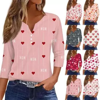 Жен. Футболка Футболка С принтом Пуговицы Рукав 3/4 Повседневные Выходные Мода Классический V-образный вырез Обычный Топ L бежевый