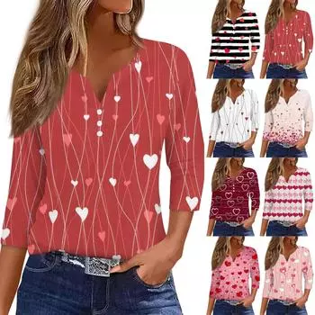 Жен. Футболка Футболка С принтом Пуговицы Рукав 3/4 Повседневные Выходные Мода Классический V-образный вырез Обычный Топ L бежевый