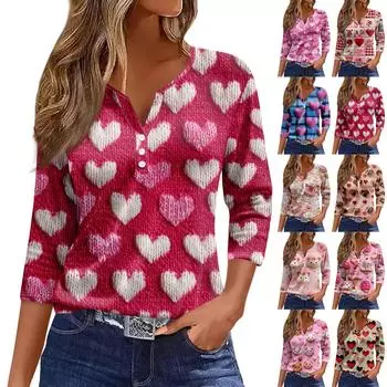 Жен. Футболка Футболка С принтом Пуговицы Рукав 3/4 Повседневные Выходные Мода Классический Классический V-образный вырез Обычный Верх S розовый