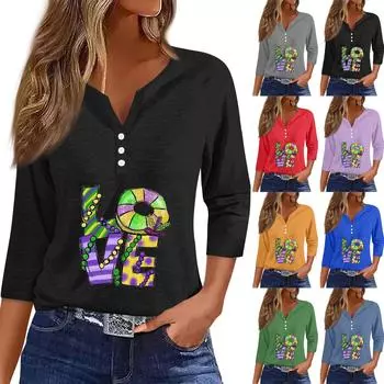 Жен. Футболка Футболка С принтом Пуговицы Рукав 3/4 Повседневные Выходные Мода Классический V-образный вырез Обычный Топ L синий