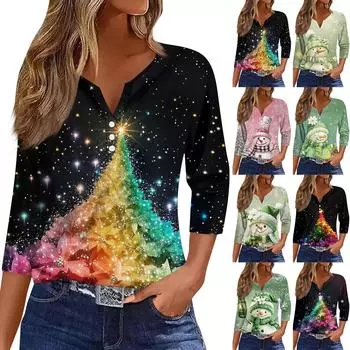 Жен. Футболка Футболка С принтом Пуговицы Рукав 3/4 Повседневные Выходные Мода Классический Классический V-образный вырез Обычный Верх S розовый