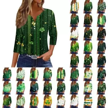 Жен. Футболка Футболка С принтом Пуговицы Рукав 3/4 Повседневные Выходные Мода Классический V-образный вырез Обычный Топ M оранжевый