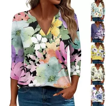 Жен. Футболка Футболка С принтом Пуговицы Рукав 3/4 Повседневные Выходные Мода Классический Классический V-образный вырез Обычный Верх L