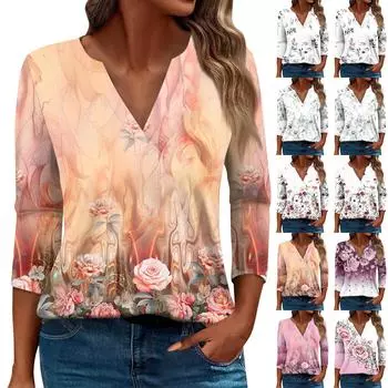 Жен. Футболка Футболка С принтом Пуговицы Рукав 3/4 Повседневные Выходные Мода Классический Классический V-образный вырез Обычный Верх L