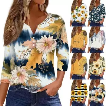 Жен. Футболка Футболка С принтом Пуговицы Рукав 3/4 Повседневные Выходные Мода Классический V-образный вырез Обычный Топ L шафрановый