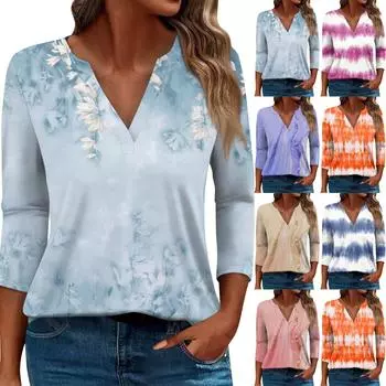 Жен. Футболка Футболка С принтом Пуговицы Рукав 3/4 Повседневные Выходные Мода Классический V-образный вырез Обычный Топ XL шафрановый