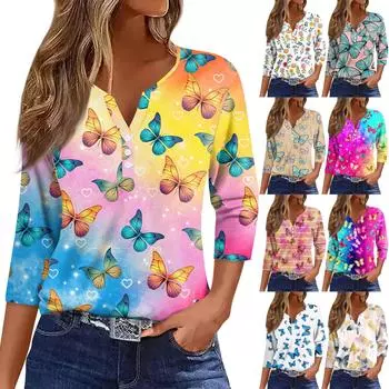 Жен. Футболка Футболка С принтом Пуговицы Рукав 3/4 Повседневные Выходные Мода Классический Классический V-образный вырез Обычный Верх L бежевый