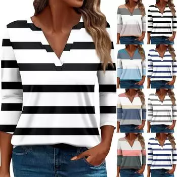 Жен. Футболка Футболка С принтом Пуговицы Рукав 3/4 Повседневные Выходные Мода Классический V-образный вырез Обычный Топ XL