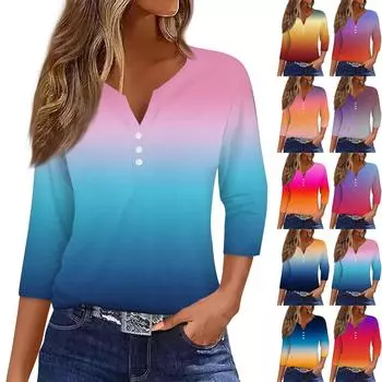 Жен. Футболка Футболка С принтом Пуговицы Рукав 3/4Ежедневно Выходные Мода Классический Топ с v-образным вырезом Обычный L
