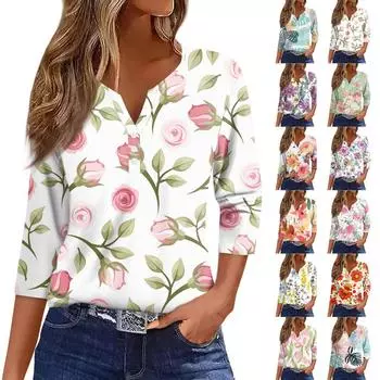 Жен. Футболка Футболка С принтом Пуговицы Рукав 3/4 Повседневные Выходные Мода Классический Классический V-образный вырез Обычный Верх XL
