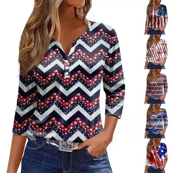 Жен. Футболка Футболка С принтом Пуговицы Рукав 3/4 Повседневные Выходные Мода Классический V-образный вырез Обычный Топ M