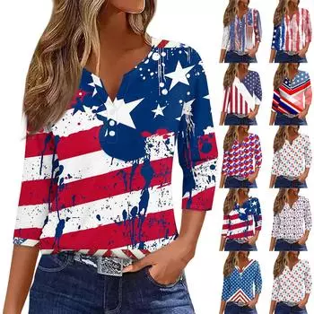 Жен. Футболка Футболка С принтом Пуговицы Рукав 3/4 Повседневные Выходные Мода Классический Классический V-образный вырез Обычный Верх M винный