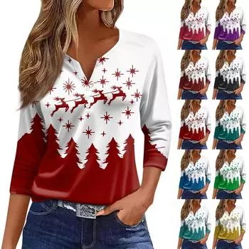 Жен. Футболка Футболка С принтом Пуговицы Рукав 3/4 Повседневные Выходные Мода Классический V-образный вырез Обычный Топ M